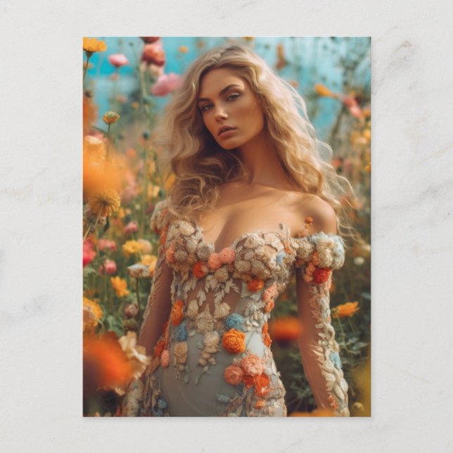 The Beautiful Blonde Woman in a Floral Dress Postcard (Front)