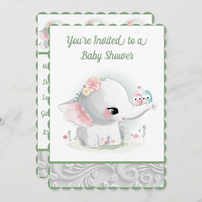 The Beautiful White Baby Boy or Girl Elephant Invitation (Front/Back)