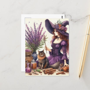 The Beautiful Witch in Purple With Cat Lavender Postcard