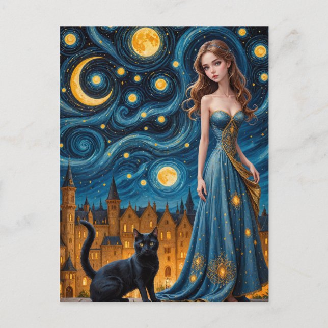 The Beautiful Woman and Cat in a Night City Postcard (Front)