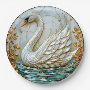 The beauty of a swan with a golden plant decor.  paper plate