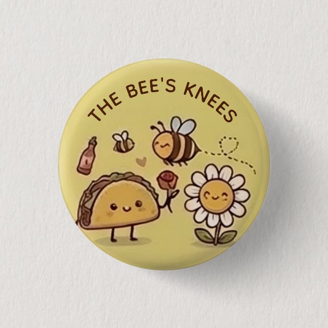 The Bee's Knees Kawaii Taco and Bee Pun Pin Button (Front)