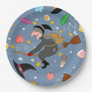 The befana comes at night with the broom pattern paper plate