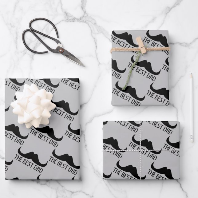 The best dad moustache fathers day black and grey wrapping paper sheet (Front)