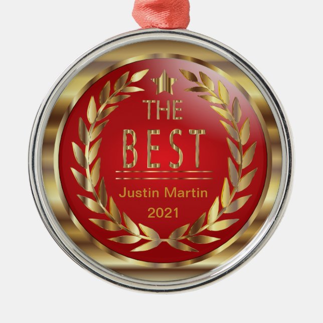 The Best - Gold and Red Medal Award Metal Tree Decoration (Front)