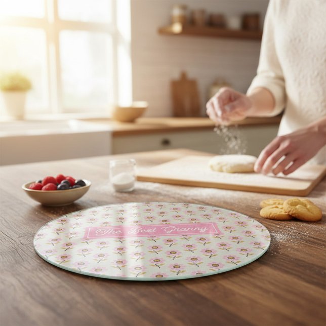 The Best Granny Pink Floral Personalised Glass Cutting Board (Creator Uploaded)
