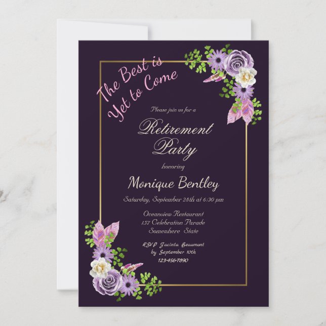 The Best is Yet to Come Purple Floral Retirement Invitation (Front)