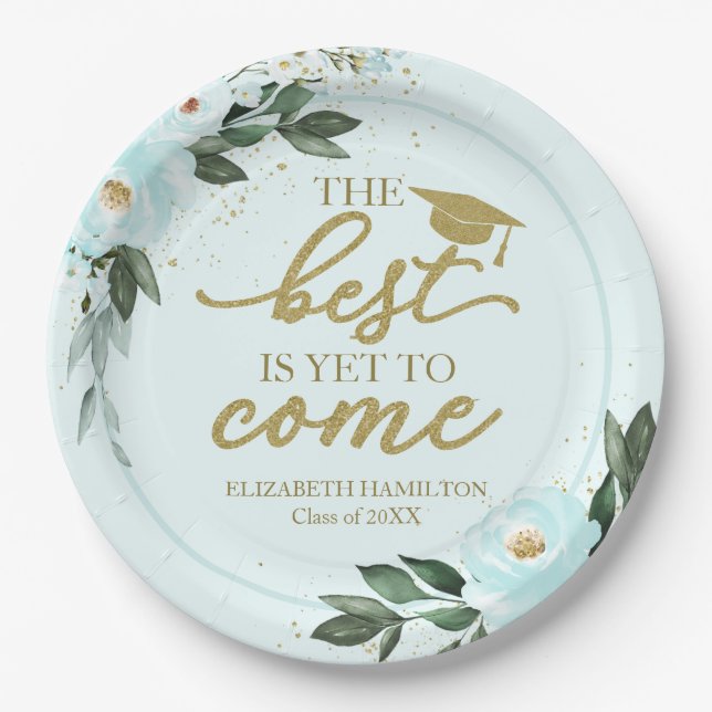 The Best Is Yet To Come Teal Floral Grad Party Paper Plate (Front)