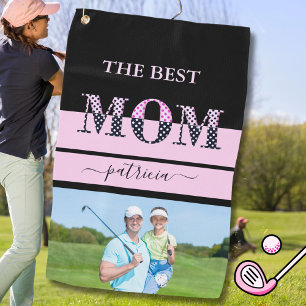 The Best Mom Stylish Photo Black Pink Lettering Golf Towel