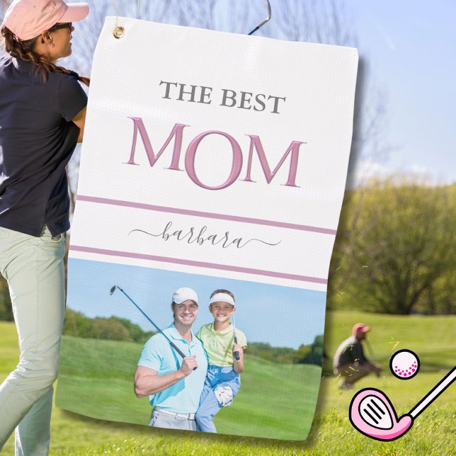 The Best Mum Photo Stylish Pink Lavender Lettering Golf Towel (Creator Uploaded)
