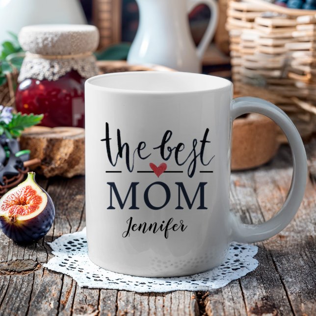 The Best Mum Watercolor Red Heart Name Coffee Mug (Celebrate your mom with this custom mug. This mug features the text "the best mom".)