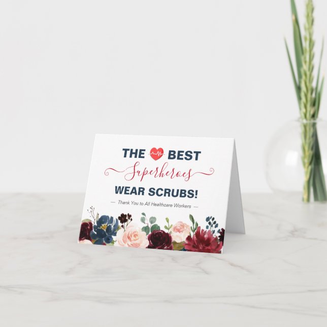 The Best Superheroes Wear Scrubs Burgundy Floral Thank You Card (Front)