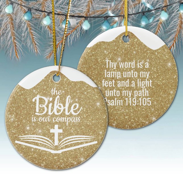 The Bible is our Compass Bible Verse Festive  ⛪️🎄 Ceramic Tree Decoration (Customizable The Bible is our Compass, Bible Verse Festive Ceramic Ornament Golden Sparkle Psalm ✞)