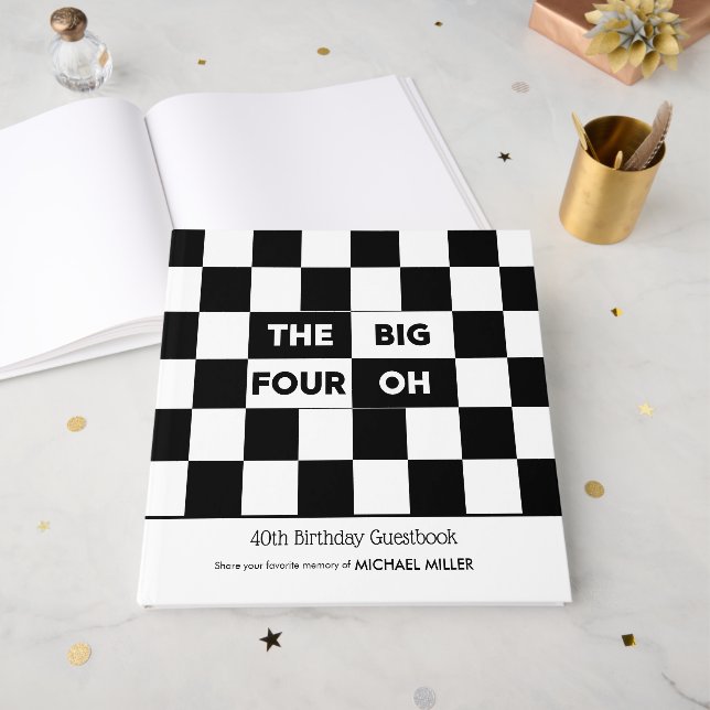 The Big 4 Oh Black White Checkered 40th Birthday Guest Book (Front Open)