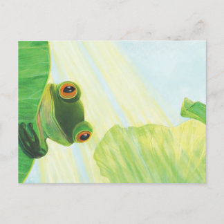 The big-eyed green frog behind lily pad postcard