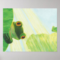 The big-eyed green frog behind lily pad