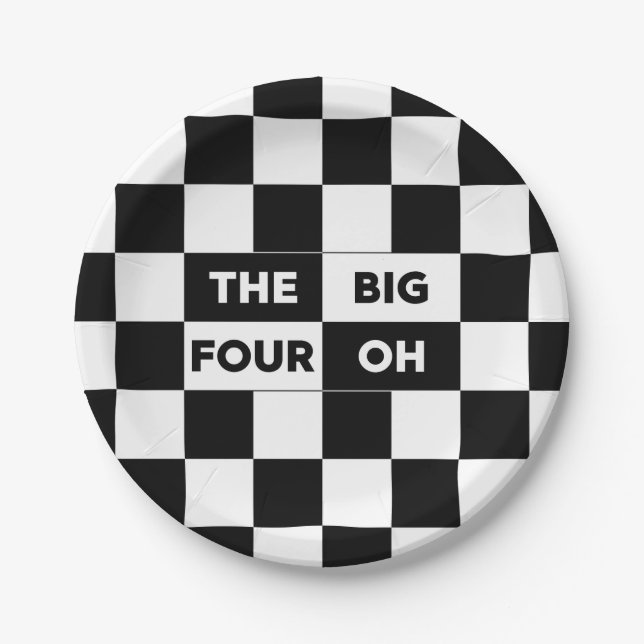 The Big Four Oh Black and White Chequered Pattern Paper Plate (Front)