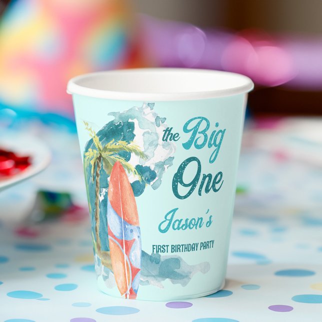 The big one 1st birthday surfing retro beach party paper cups (The big one surfing birthday party tableware surfing personalized paper party cups)