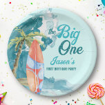 The big one 1st birthday surfing retro beach party paper plate<br><div class="desc">The big one 1st birthday surfing retro beach party personalised paper plates. A big blue wave,  palm tree and a surf board,  lovely summer,  beach birthday party theme.</div>