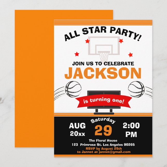 The Big One Basketball Court Sport Game Birthday Invitation (Front/Back)