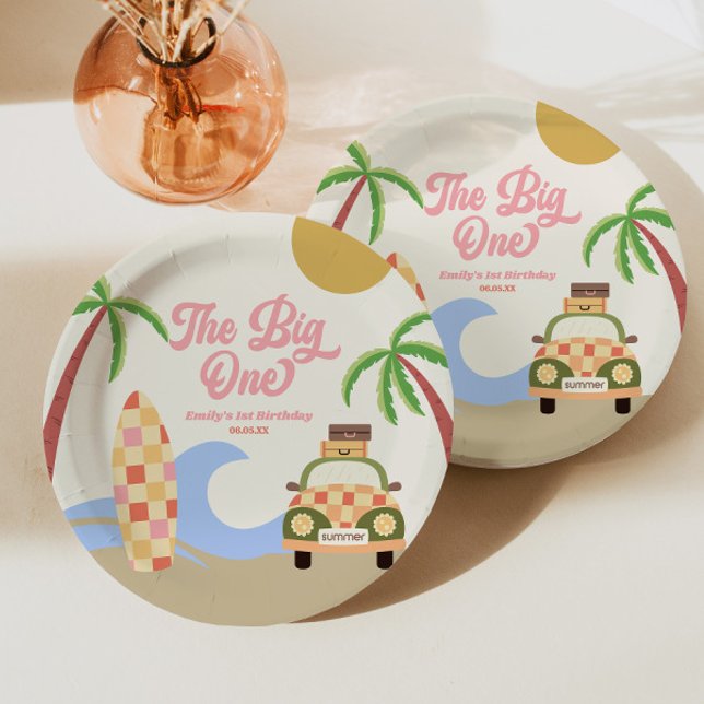 The Big One Beach Surf Pink 1st Birthday Party Paper Plate (Creator Uploaded)