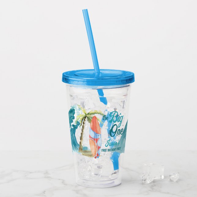 The big one birthday party gifts surfing beach acrylic tumbler (Front Ice)