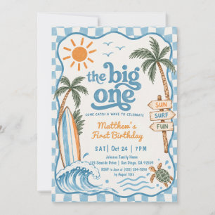 The Big One Blue Chequered Surf Boy 1st Birthday Invitation