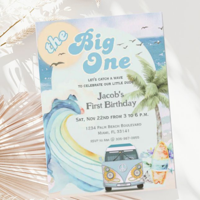 The Big One Blue Retro Surfing First Birthday  Invitation (Creator Uploaded)