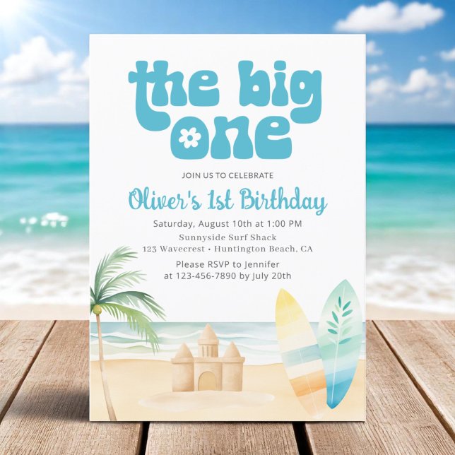 The Big One Boy's 1st Birthday Surfboard Beach  Invitation (Creator Uploaded)