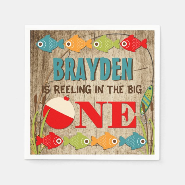 The Big One Fishing Theme Boys First Birthday Napkin (Front)