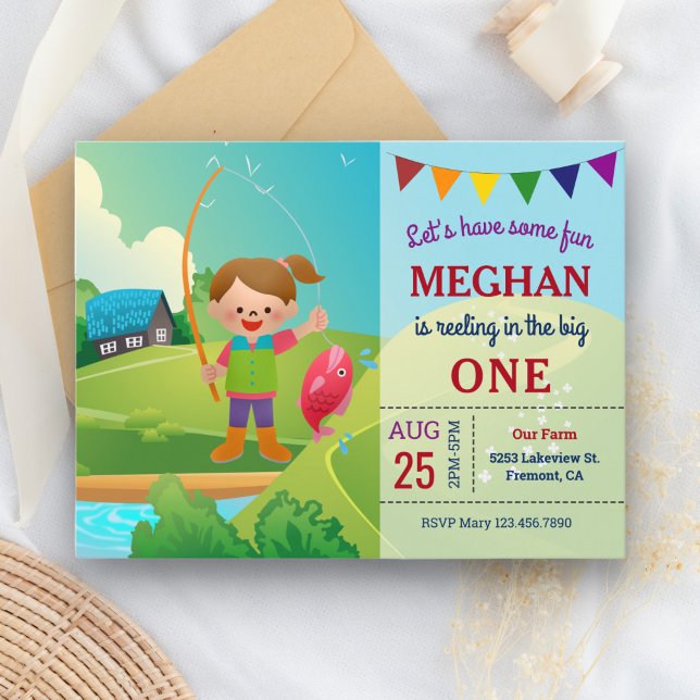 The Big One Girls Fishing 1st First Birthday Party Invitation Postcard (Creator Uploaded)