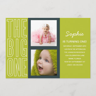 THE BIG ONE IN GREEN    FIRST BIRTHDAY INVITATION