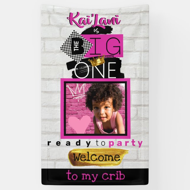 The BIG One| Pink 90's Hip Hop 1st Birthday Photo  Banner (Vertical)