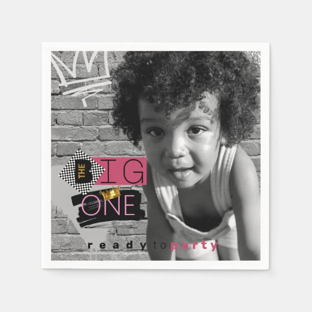 The BIG One| Pink 90's Hip Hop 1st Birthday Photo  Napkin (Front)