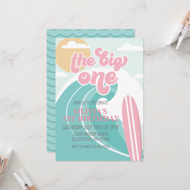 The Big One Pink Beach Birthday Invitation (Front/Back In Situ)