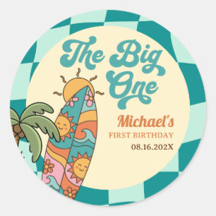 The Big One Retro Surf Board Summer 1st Birthday  Classic Round Sticker