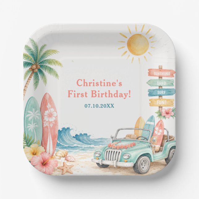 The Big One Surf Beach 1st Birthday Paper Plate (Front)