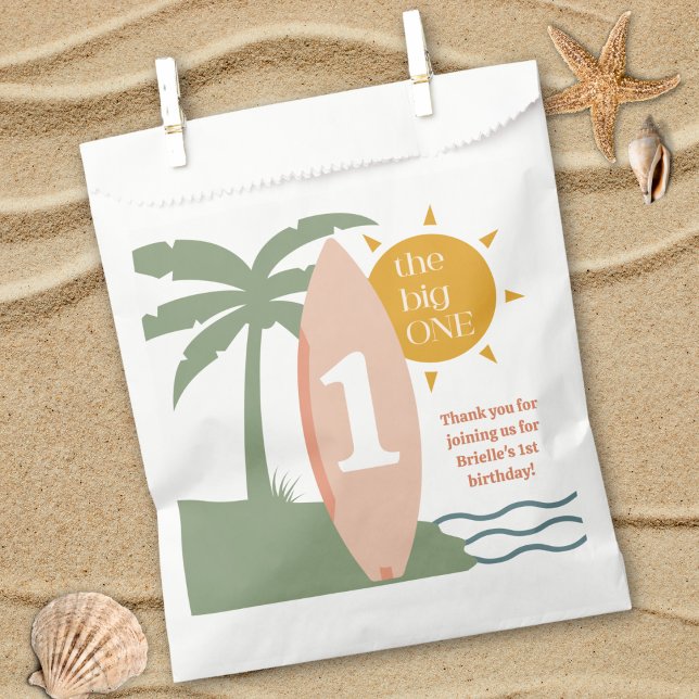"The big ONE" Surfboard Ocean First Birthday Party Favour Bags ("the big one" surfboard surfing first birthday party favor bag custom girls 1st bday beach ocean )