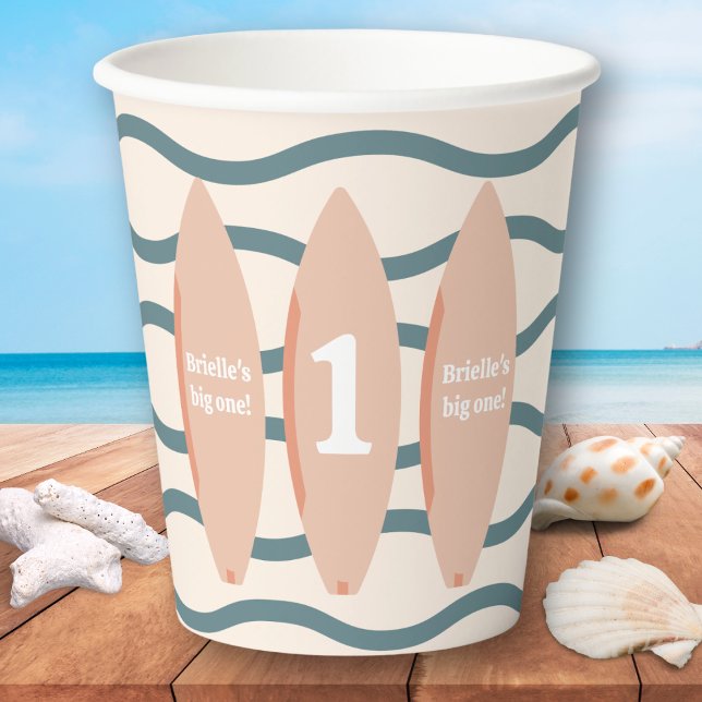 "The big ONE" surfboard ocean first birthday party Paper Cups ("the big one" pink surfboard first birthday party cup surfing theme ocean beach theme 1st bday)