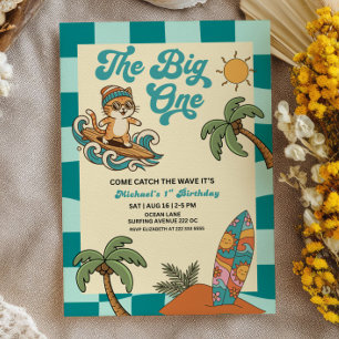 The Big One Surfer Cat Chequered 1st Birthday Invitation