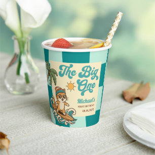 The Big One Surfer Cat Retro Summer 1st Birthday  Paper Cups