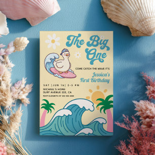 The Big One Surfer Goose Retro Summer 1st Birthday Invitation