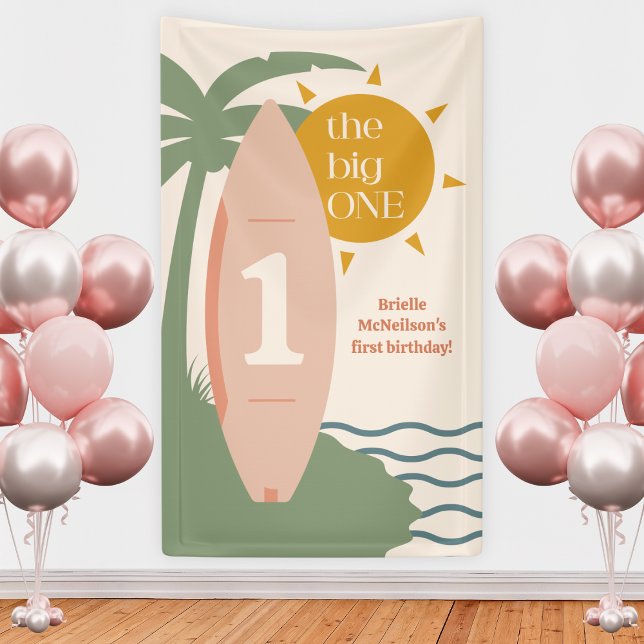 "The big ONE" Surfing Beach 1st birthday party Banner ("the big one" surfboard pink girls 1st birthday surfing first bday party backdrop sign party decor)