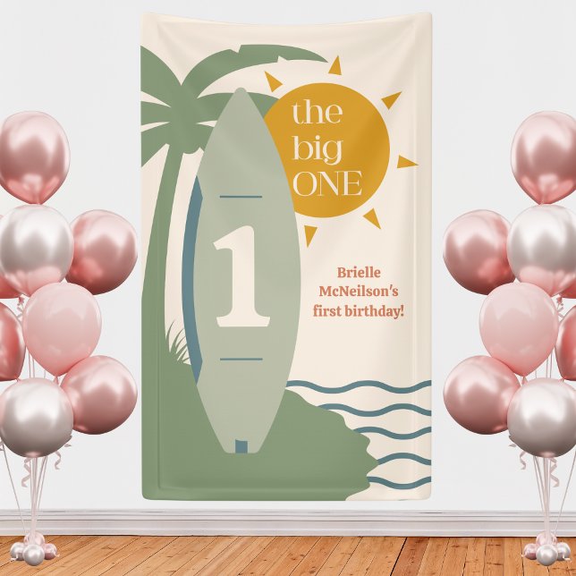 "The big ONE" Surfing Beach 1st birthday party Banner ("the big one" green surfboard green gender neutral surfing 1st birthday party sign backdrop decor)
