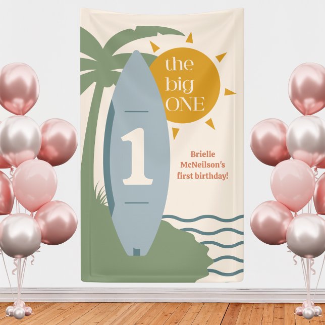 "The big ONE" Surfing Beach 1st birthday party Banner ("the big one" blue surfboard party banner 1st birthday baby boy surfing ocean bday backdrop sign )