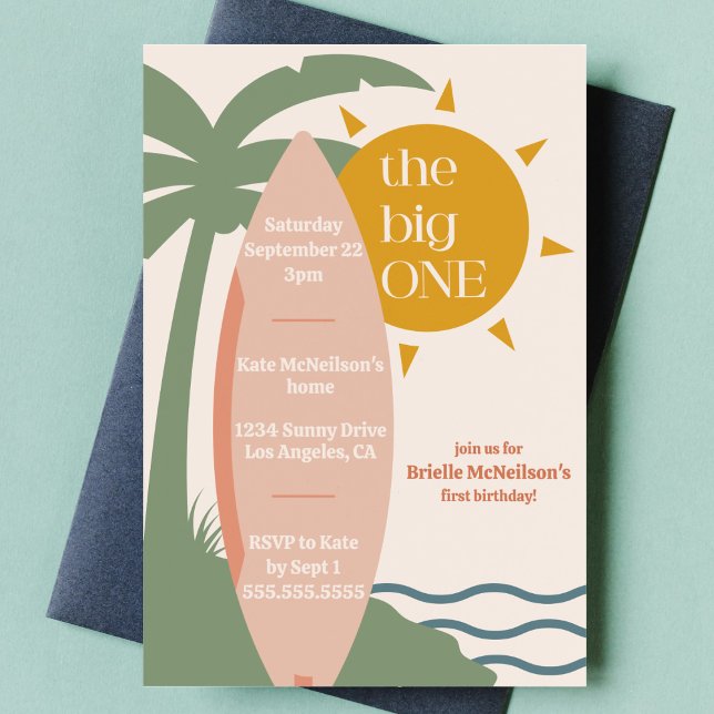 "The big ONE" Surfing Beach 1st birthday party Invitation ("the big one" pink surfboard first birthday party invite surfing theme ocean beach theme 1st bday)