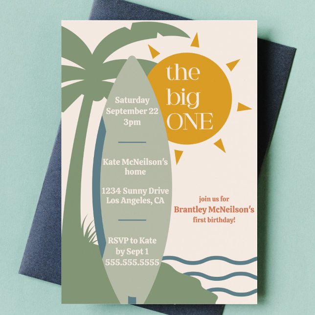 "The big ONE" Surfing Beach 1st birthday party Invitation ("the big one" Green surfboard first birthday party invite surfing theme ocean beach theme 1st bday)