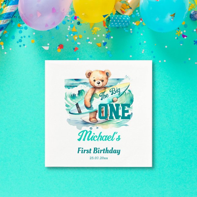 The big one surfing birthday party tableware napkin (The big one surfing birthday party tableware personalized napkins cute teddy bear surfing board wave)