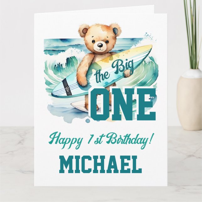 The big one surfing birthday party teddy surfboard card (Front)