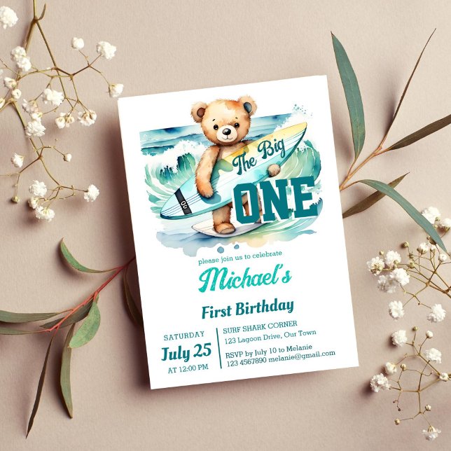 The big one surfing birthday party teddy surfboard invitation (The big one surfing ocean themed birthday party template invitation instant download surfer tedddy)